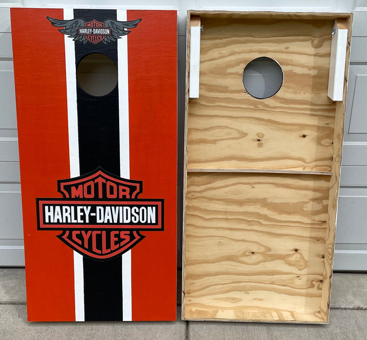 -You get 2 boards (2ft X 4ft) with folding legs. Boards are made from 1/2" Plywood & legs are made from premium 2x4.  -Hole is cut out & sanded for a smooth opening.  -Set is coated with an exterior grade Polyurethane for lasting protection.  -This set is official size set.  -Quality set to last you years of FUN!